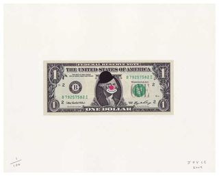 A one dollar note with the person in the middle wearing a hate, a red nose and large white lips.