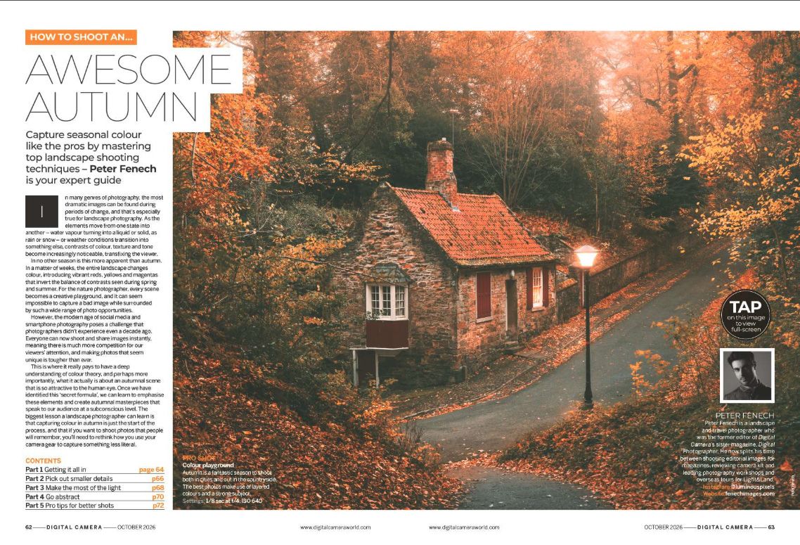 Image showing the first two pages of the feature of issue 312 (October 2026) of Digital Camera magazine – how to photograph autumn