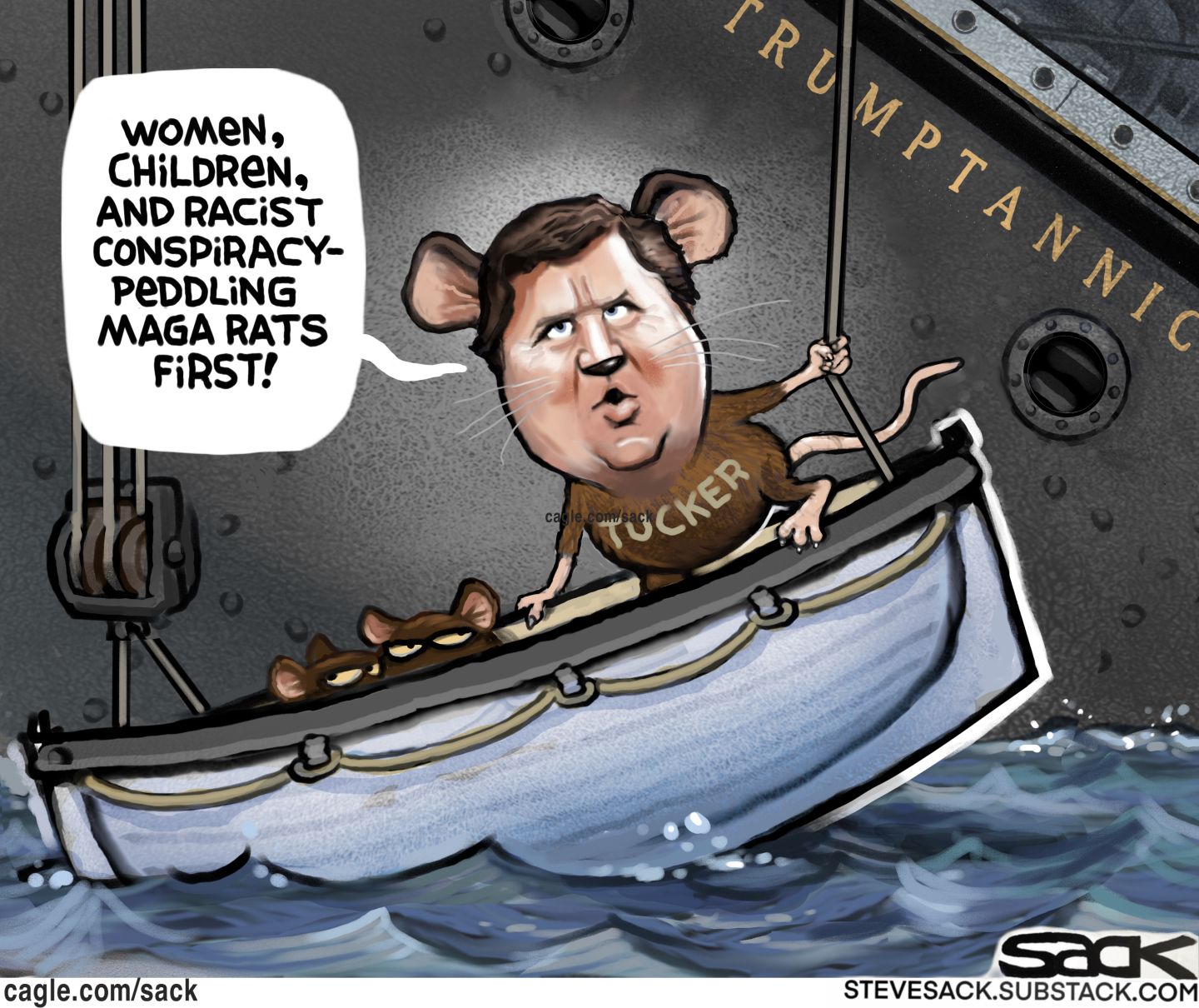 
                                This cartoon depicts Tucker Carlson as a rat leaving a sinking ship named the “Trump-tannic”. He says, “Women, children, and racist conspiracy-peddling MAGA rats first!”
                            