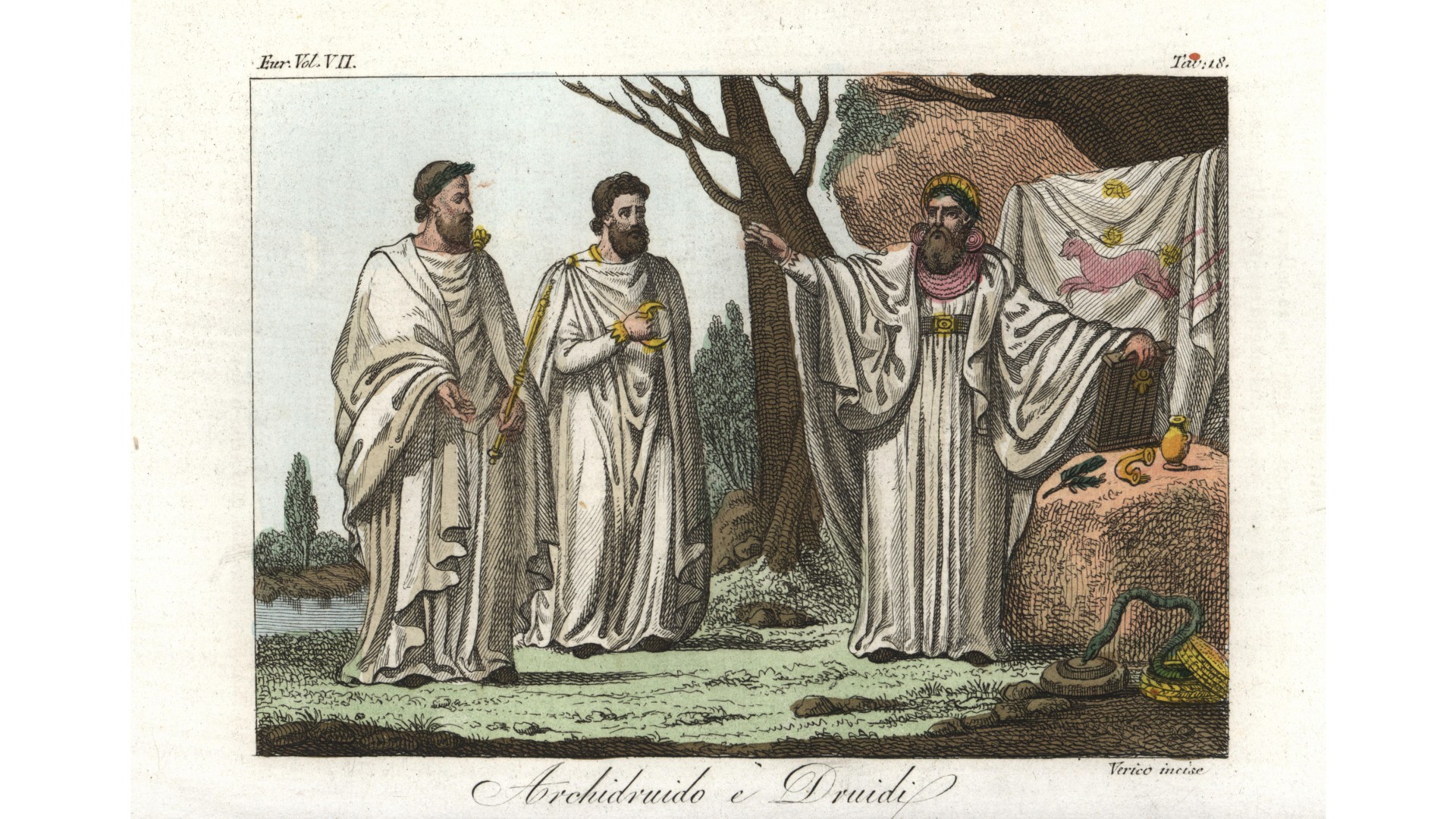 Handcoloured copperplate engraving by Verico. It shows two druids and a priest in sacred robes with religious paraphernalia, gold vessels, serpent, and painted curtain.