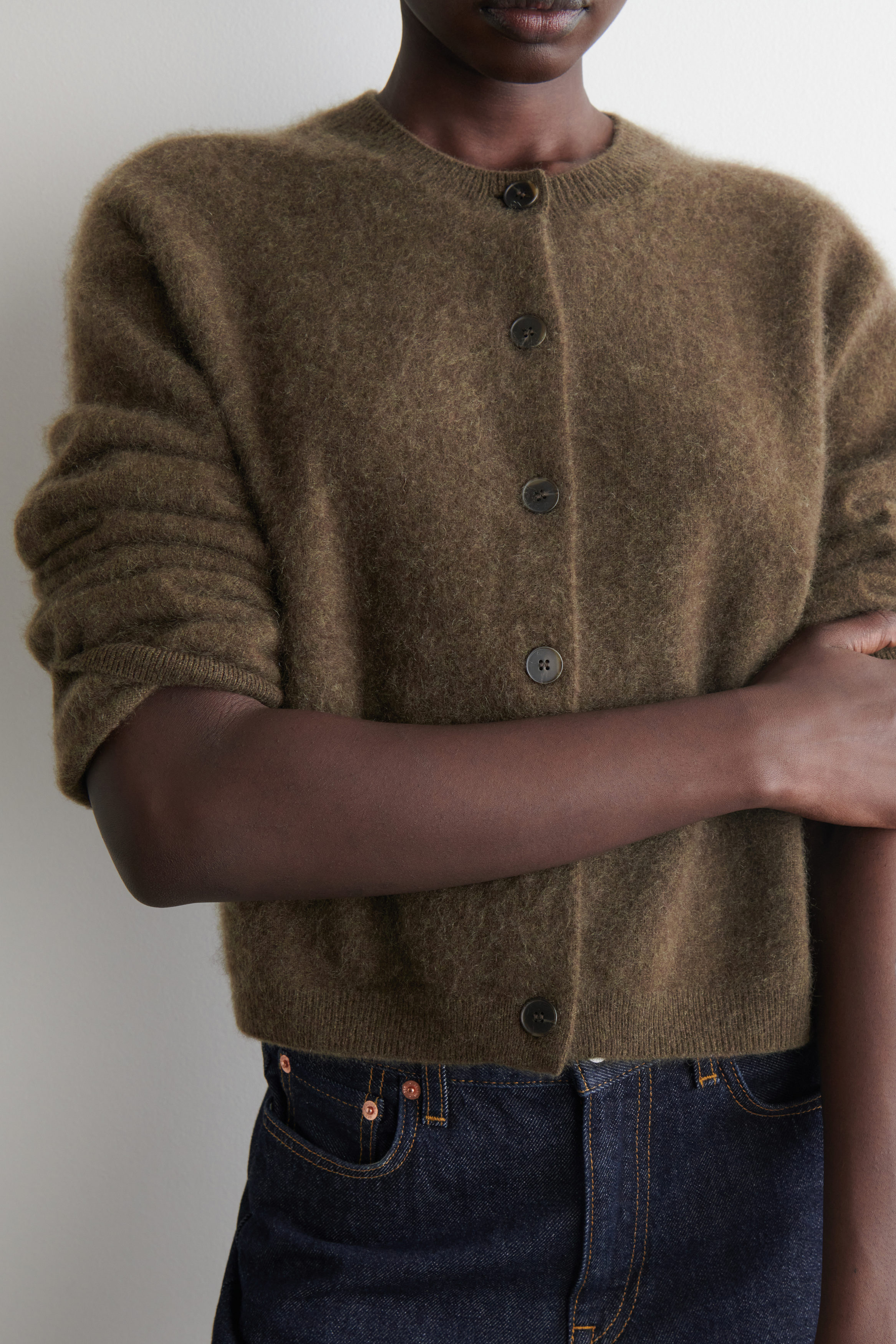 Brushed-Cashmere Crew-Neck Cardigan