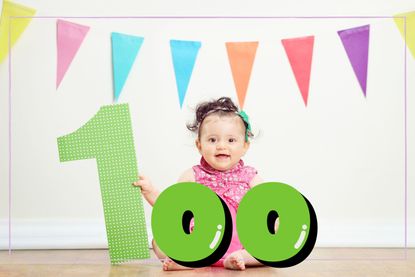 Baby holding number one, canva used to add 00 to make 100