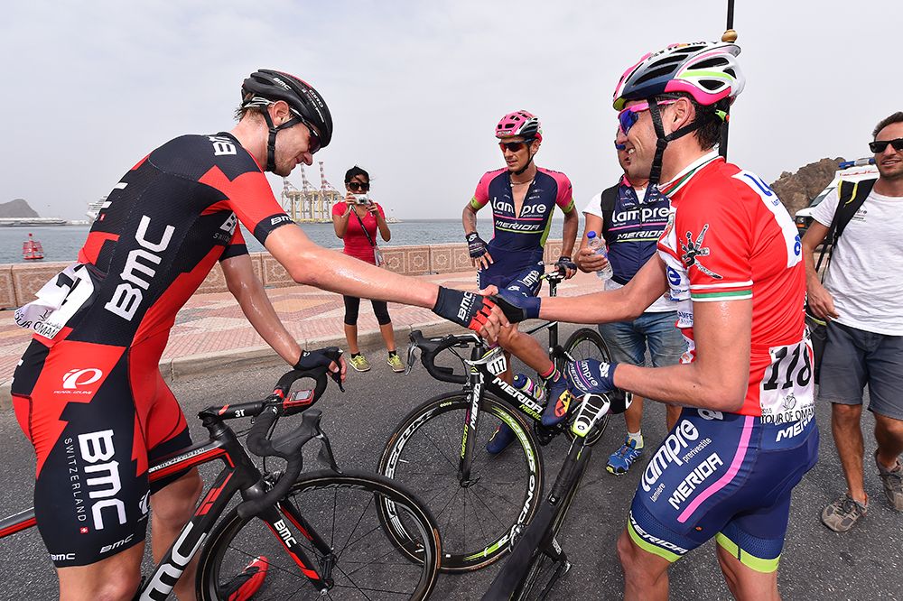 Tejay van Garderen congratulates Rafael Valls on Tour of Oman victory.