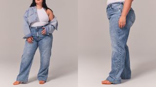 composite of model wearing blue abercrombie Curve Love High Rise Loose Jean
