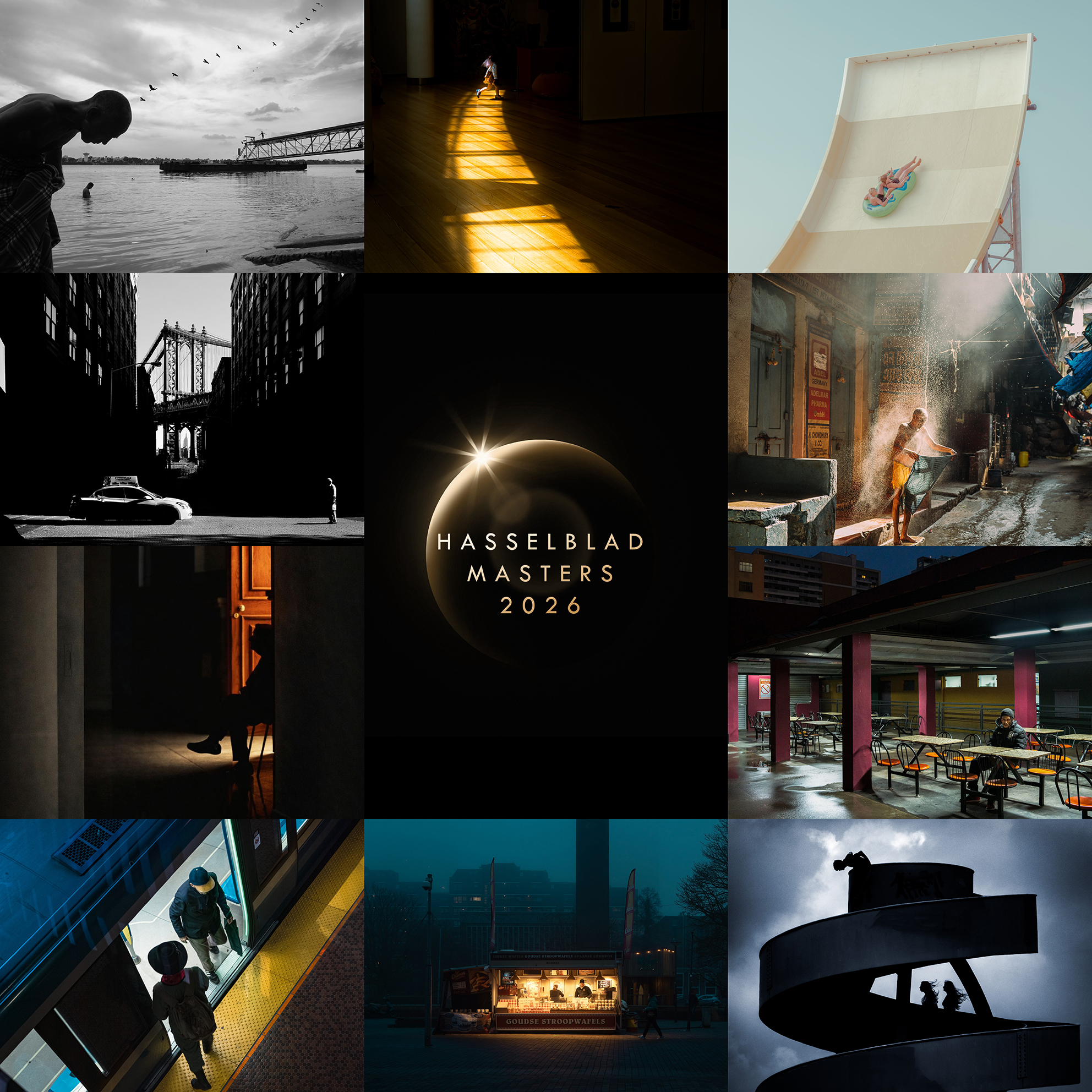 A collage with diverse scenes: a man by water, sunlit hallway, skateboard ramp, city street, nighttime diner, spiral stairs, with "Hasselblad Masters 2026" text center
