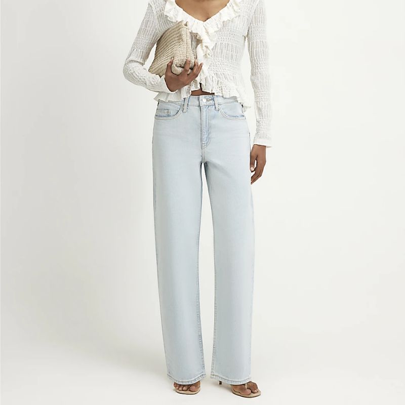 Blue Washed Core Barrel Leg Jeans on model