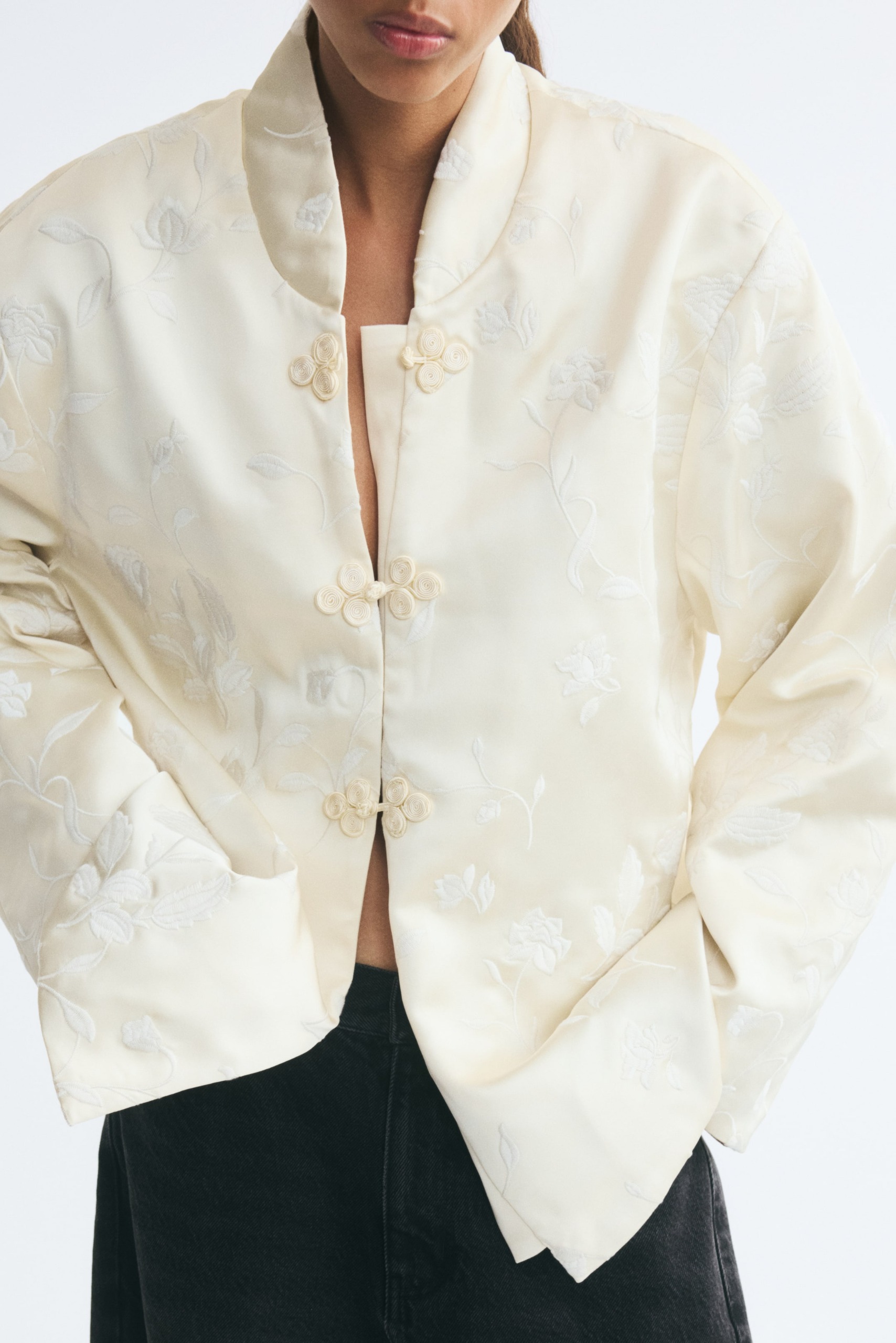Embroidered Knot-Button Jacket