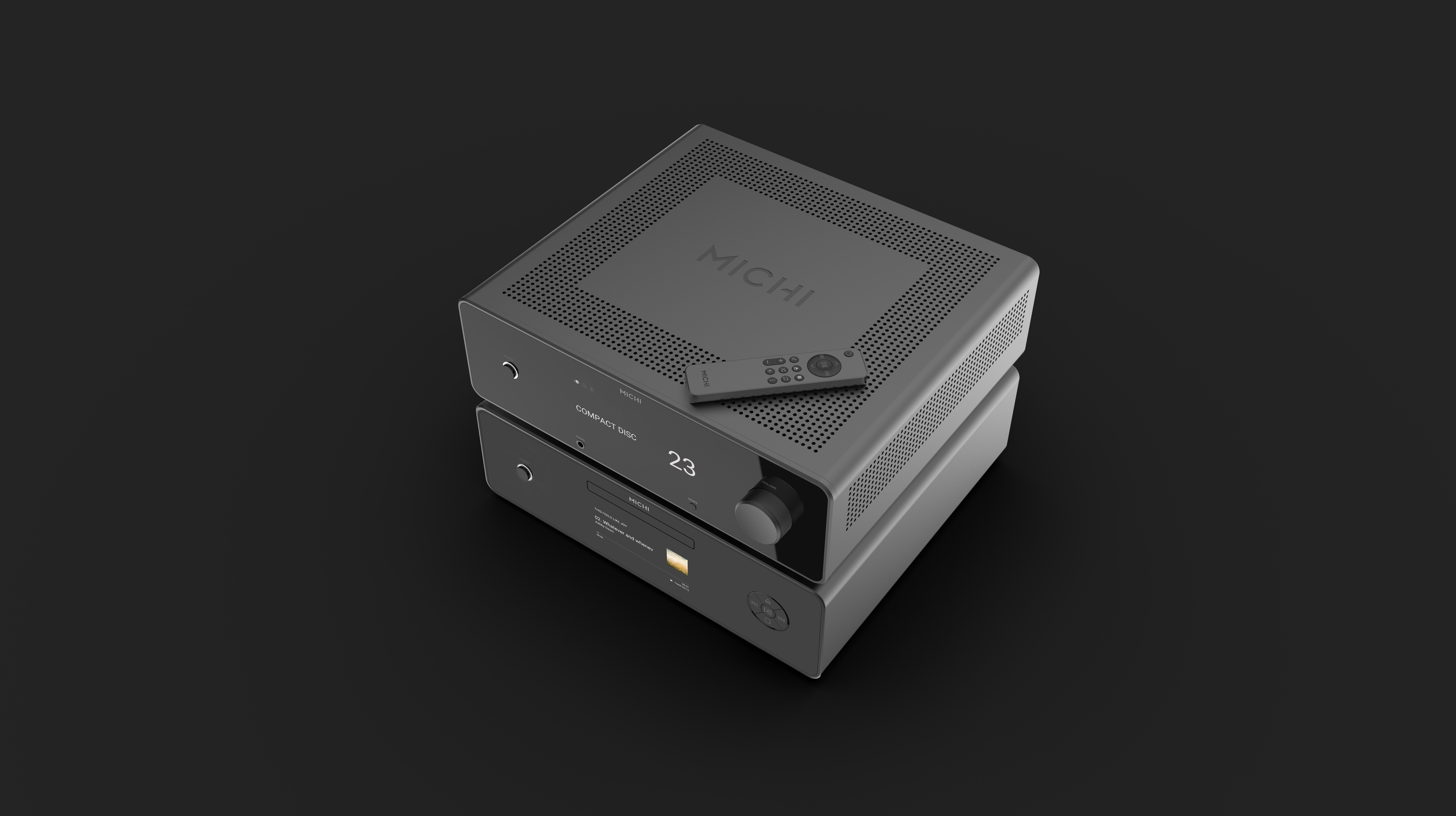 Rotel Michi Prestige X430 amplifier stacked on the Q430 CD player on a black background