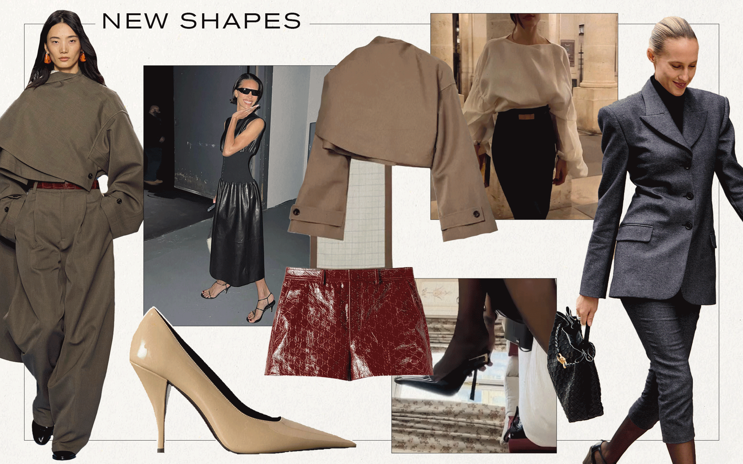 Spring Summer 2024 Shopping Trend Guide: A collage of street style, runway, and product imagery showcasing the New Shapes trend that highlights the introduction of cigarette pants, capri pants, hourglass shapes, sweeping and funnel neck collars, and high heels for spring.