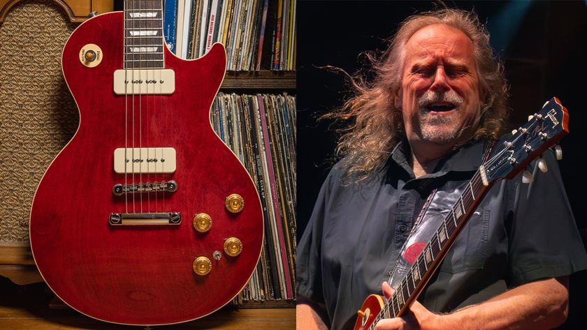 LEFT: Warren Haynes&#039; signature Gibson Les Paul Standard. RIGHT: Warren Haynes performs with Gov&#039;t Mule during the 2023 Great South Bay Music Festival at Shorefront Park on July 23, 2023 in Patchogue, New York. 