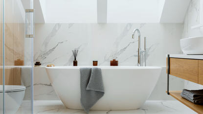 White bathroom with wood panel