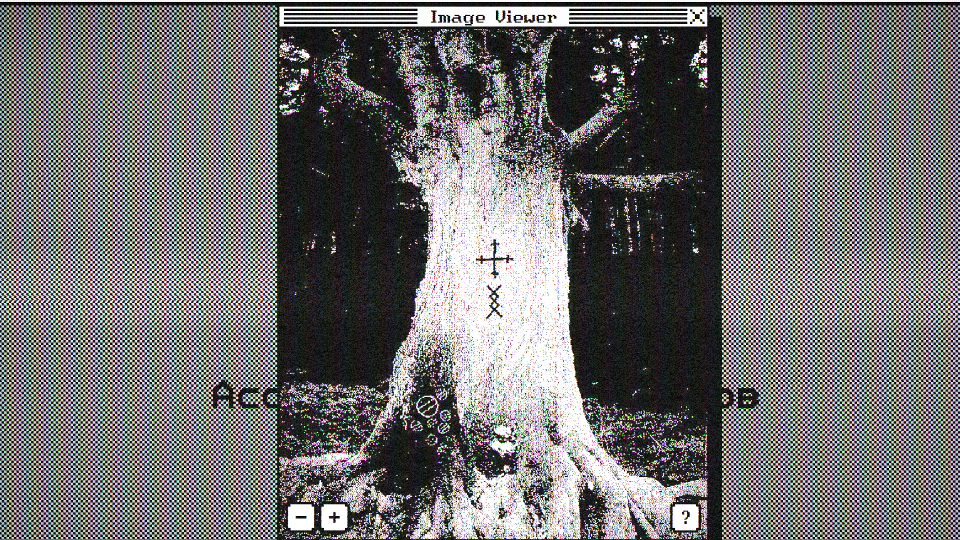 A cropped screenshot of Lost Wiki: Kozlovka. A fuzzy black and white photo of a tree with symbols carved into its trunk is displayed via a retro computer interface.