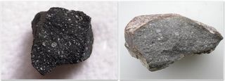 The Murchison meteorite, a carbonaceous chondrite containing hydrated minerals and organic components that formed in the outer part of the solar system (0.46 g). Right: the Sahara 97096 meteorite, an enstatite chondrite with no hydrated minerals that formed in the inner part of the solar system (70 g).