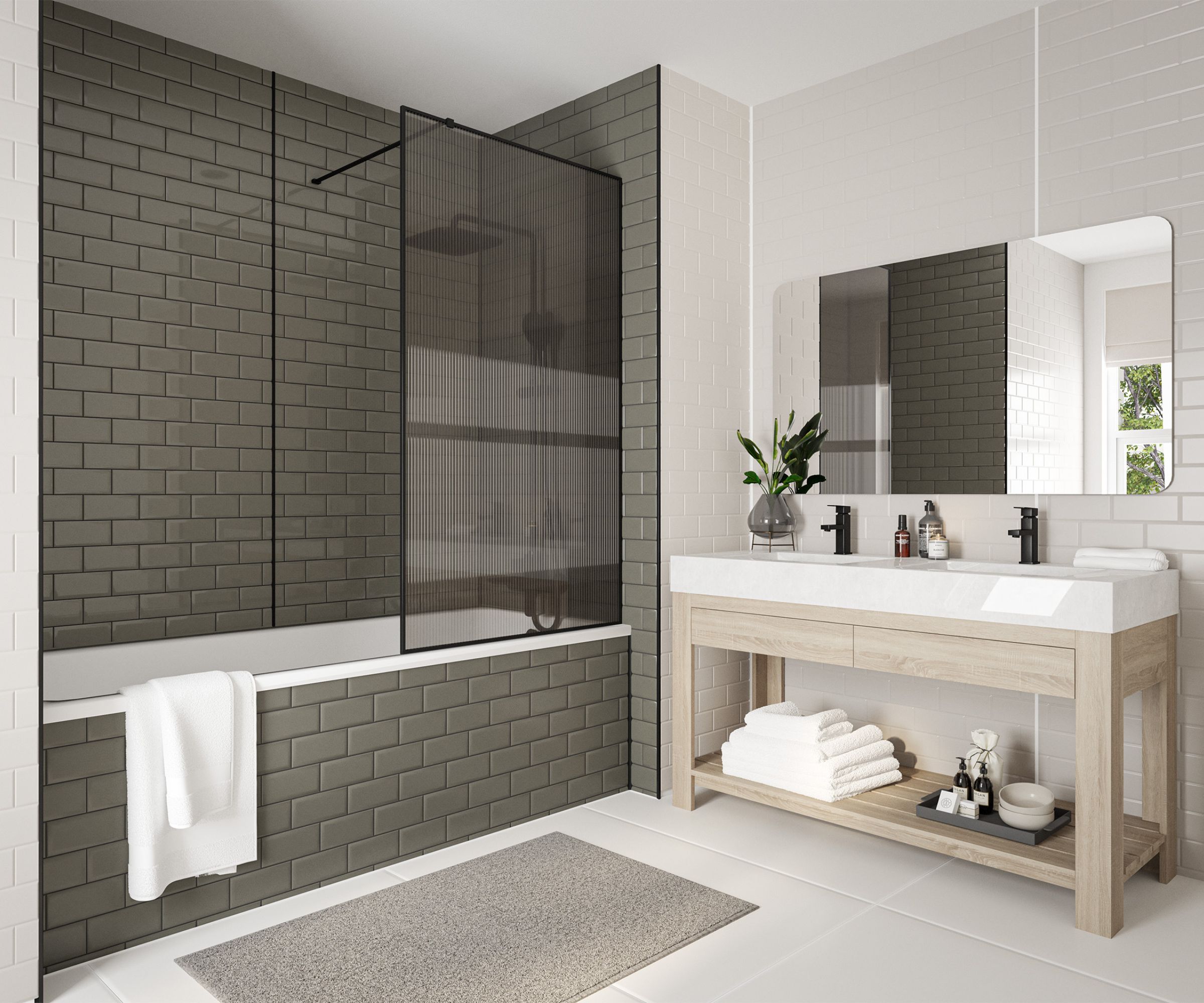 A family bathroom with a bath shower combination unit and grey, tile effect wet wall panels and a large vanity unit with his and her sinks