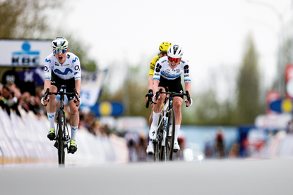 WAREGEM, BELGIUM - APRIL 01: (L-R) Race winner Marlen Reusser of Switzerland and Team Movistar, Lieke Nooijen of Netherlands and Team Visma | Lease a Bike and Demi Vollering of Netherlands and Team FDJ United - SUEZ sprint at finish line during the 14th Dwars door Vlaanderen 2026 - Women's Elite a 128.8km one day race from Waregem to Waregem / #UCIWWT / on April 01, 2026 in Waregem, Belgium. (Photo by Billy Ceusters/Getty Images)