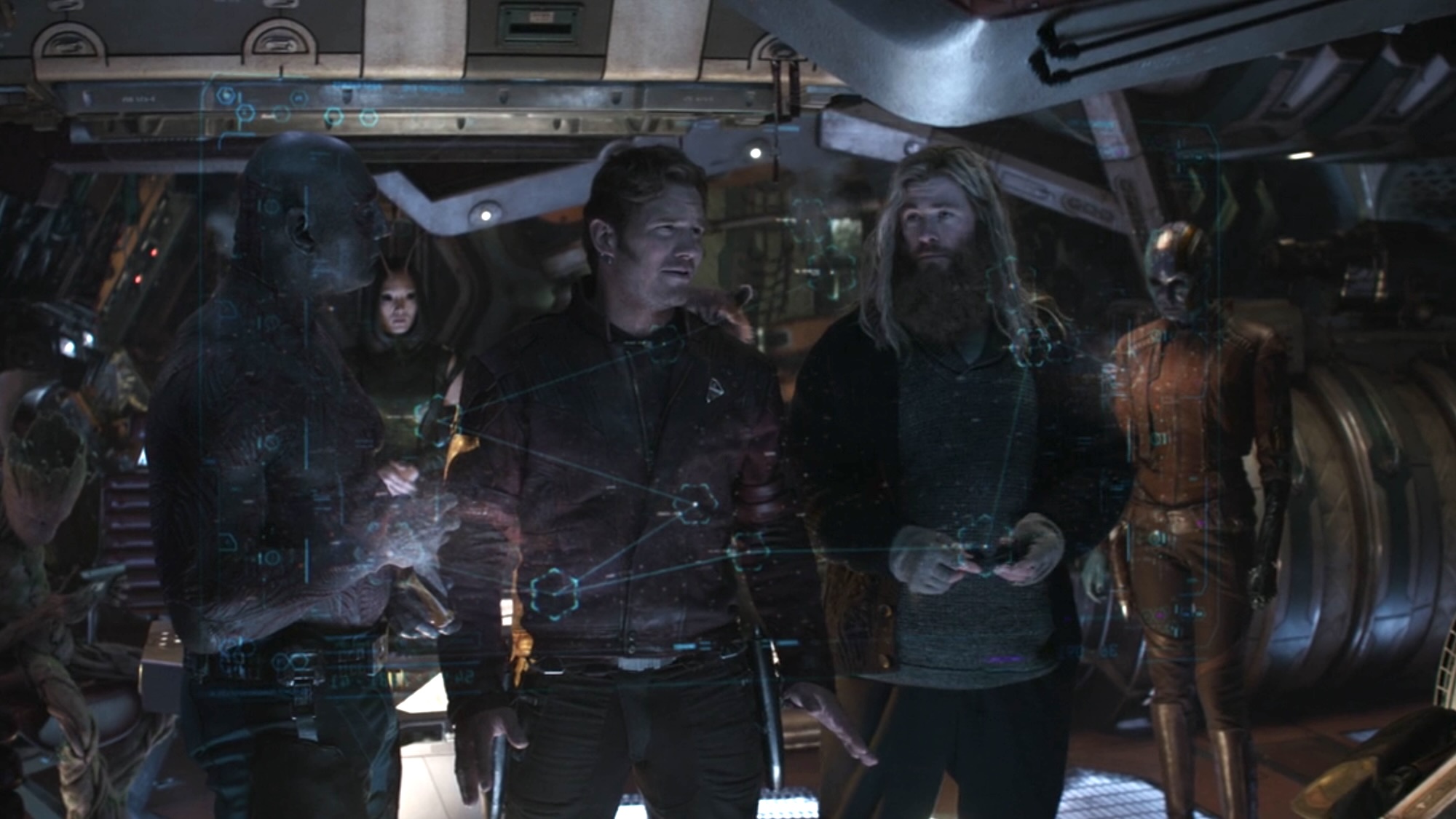 The Guardians and Thor together in their ship at the end of Guardians 3.