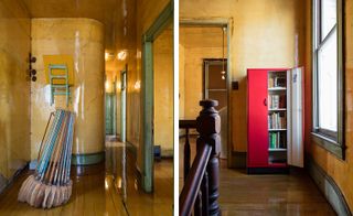 The photo on the left shows a hallway. The walls are painted strong orange with mint green doorframes. The photo to the right shows us the mezzanine, with a red cabinet standing against the wall.