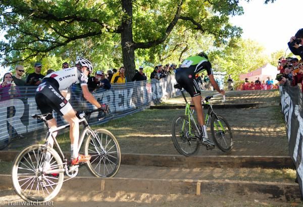 Lukas Fl&uuml;ckiger (Trek World Team) following Trebon up the stairs as they began to work together
