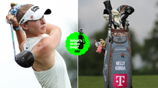 Nelly Korda hits a driver, with a close up of her bag