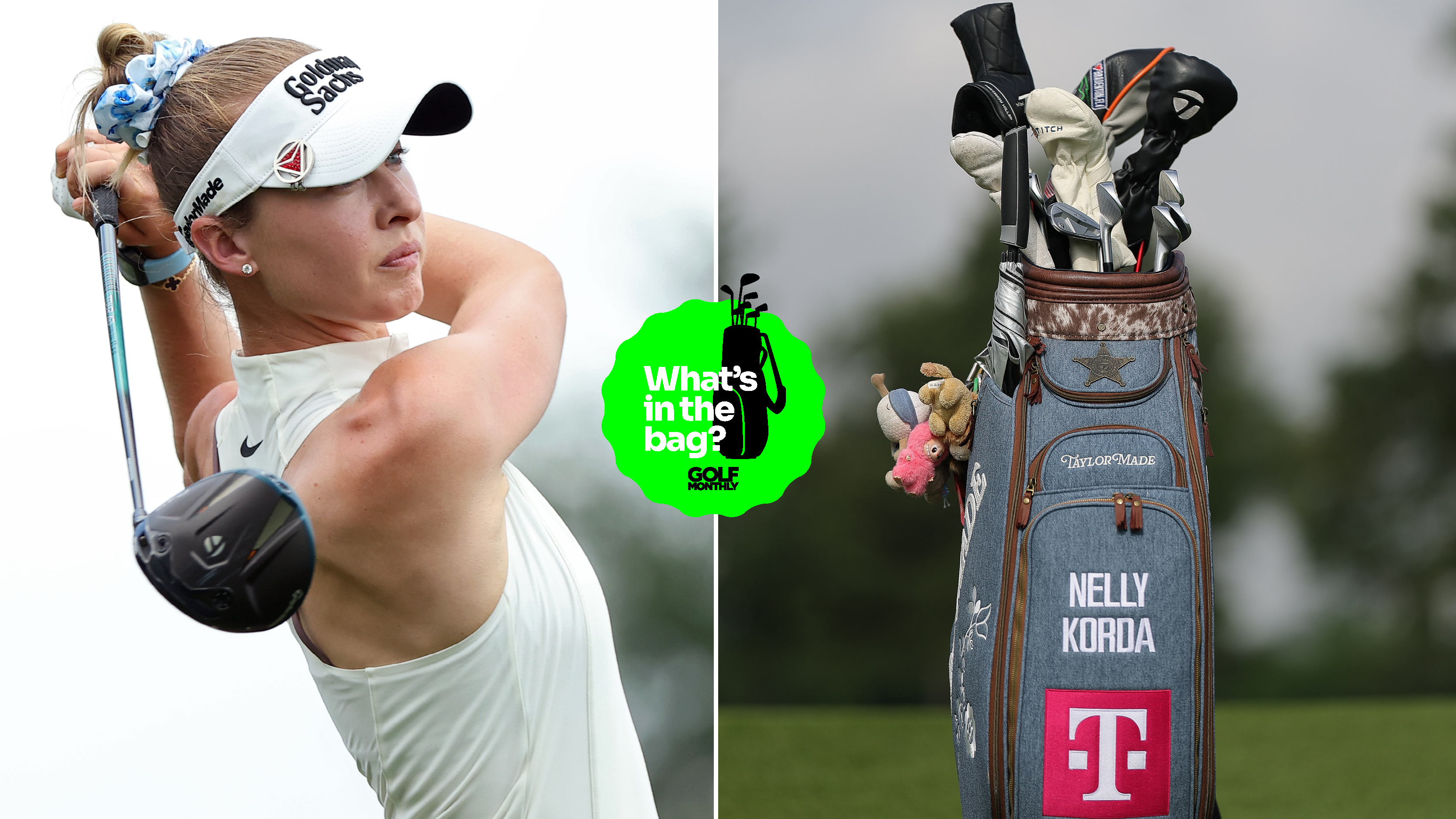 Nelly Korda hits a driver, with a close up of her bag