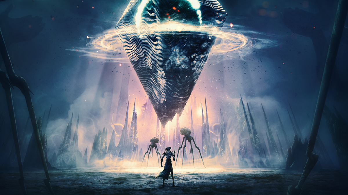 A warden stands in front of a giant, alien monolith in Remnant 2: The Dark Horizon.