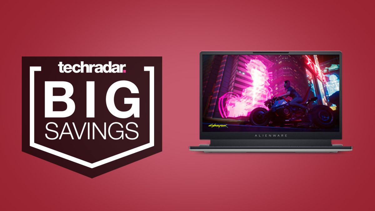 Alienware x15 gaming laptop on red background, beside text that reads &#039;big savings&#039;