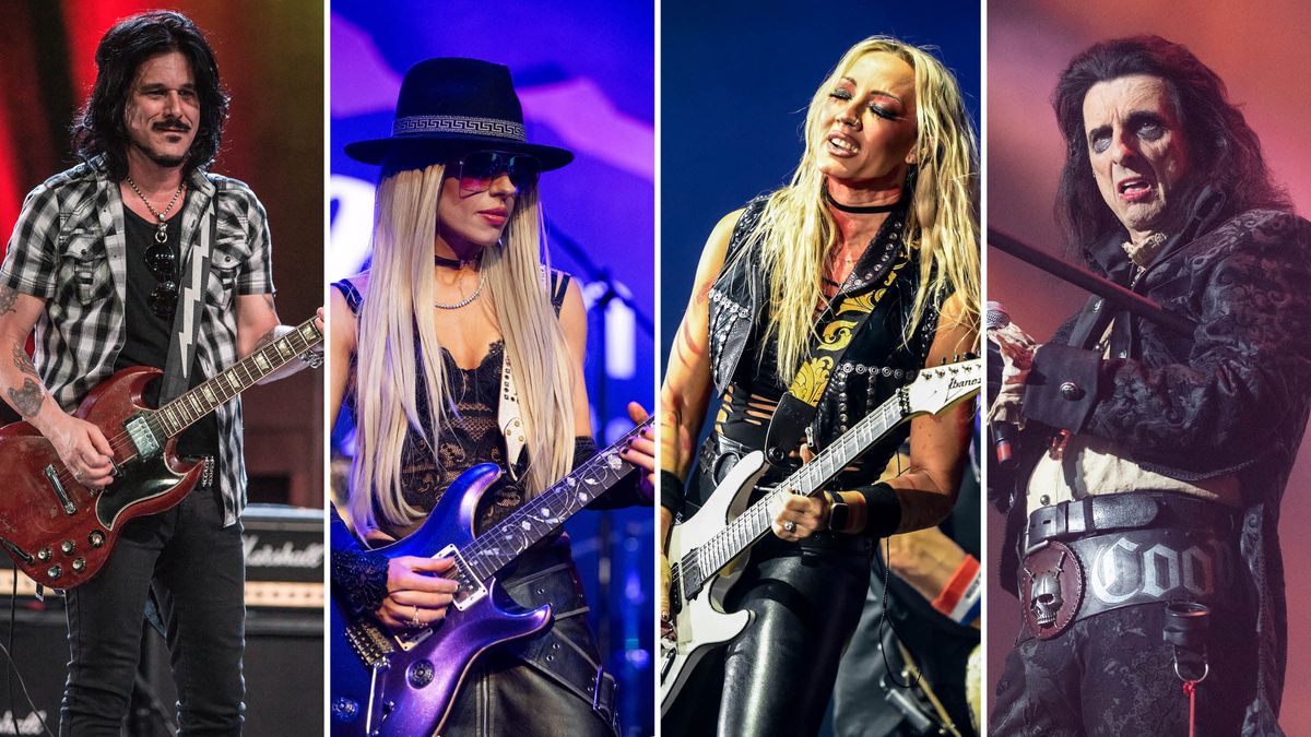 From left: Gilby Clarke plays a Gibson SG onstage, Orianthi plays her purple PRS signature model, Nita Strauss players her white Ibanez S-style, and Alice Cooper performs onstage. Clarke will now be touring guitarist for Alice Cooper for the rock icon&#039;s upcoming dates before Strauss returns to the fold later in the year