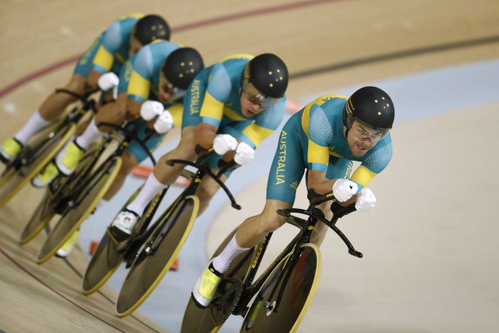 Australia's Jack Bobridge, Australia's Alexander Edmondson, Australia's Michael Hepburn and Australia's Sam Welsford compete in the men's Team Pursuit