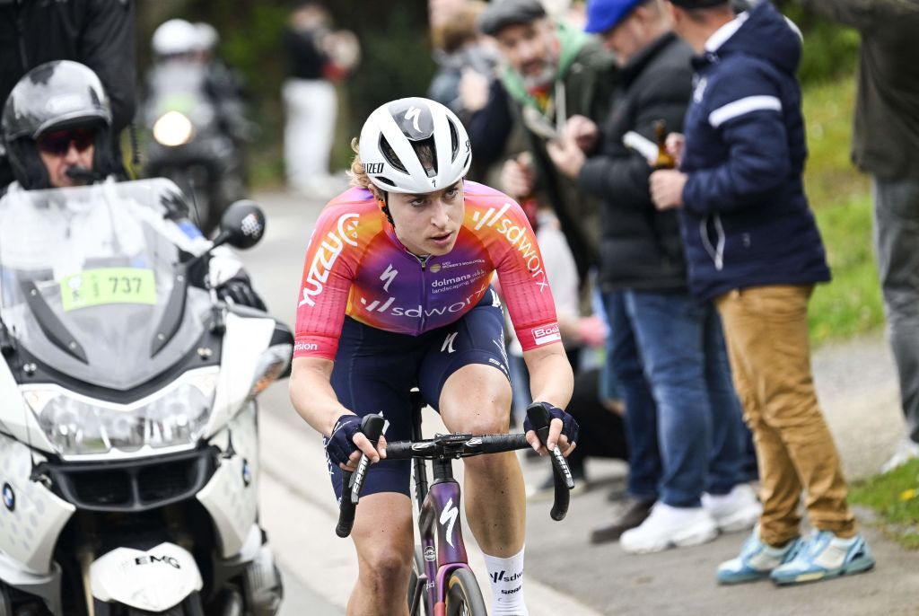 SD Worxs Swiss rider Marlen Reusser competes during the women elite race of the LiegeBastogneLiege one day cycling event 1421km from Liege over Bastogne to Liege on April 23 2023 Photo by Tom Goyvaerts Belga AFP Belgium OUT Photo by TOM GOYVAERTSBelgaAFP via Getty Images
