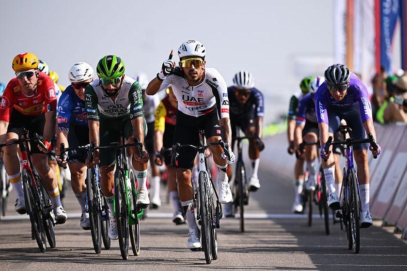 BIMMAH SINKHOLE, OMAN - FEBRUARY 07: Juan Sebastian Molano of Colombia and UAE Team Emirates celebrates at finish line as stage winner ahead of Fernando Gaviria of Colombia and Team Caja Rural-Seguros RGA and Gerben Thijssen of Belgium and Team Alpecin-Premier Tech during the 15th Tour of Oman 2026, Stage 1 a 170.9km stage from Ministry of Tourism to Bimmah Sink Hole on February 07, 2026 in Bimmah sinkhole, Oman. (Photo by Dario Belingheri/Getty Images)