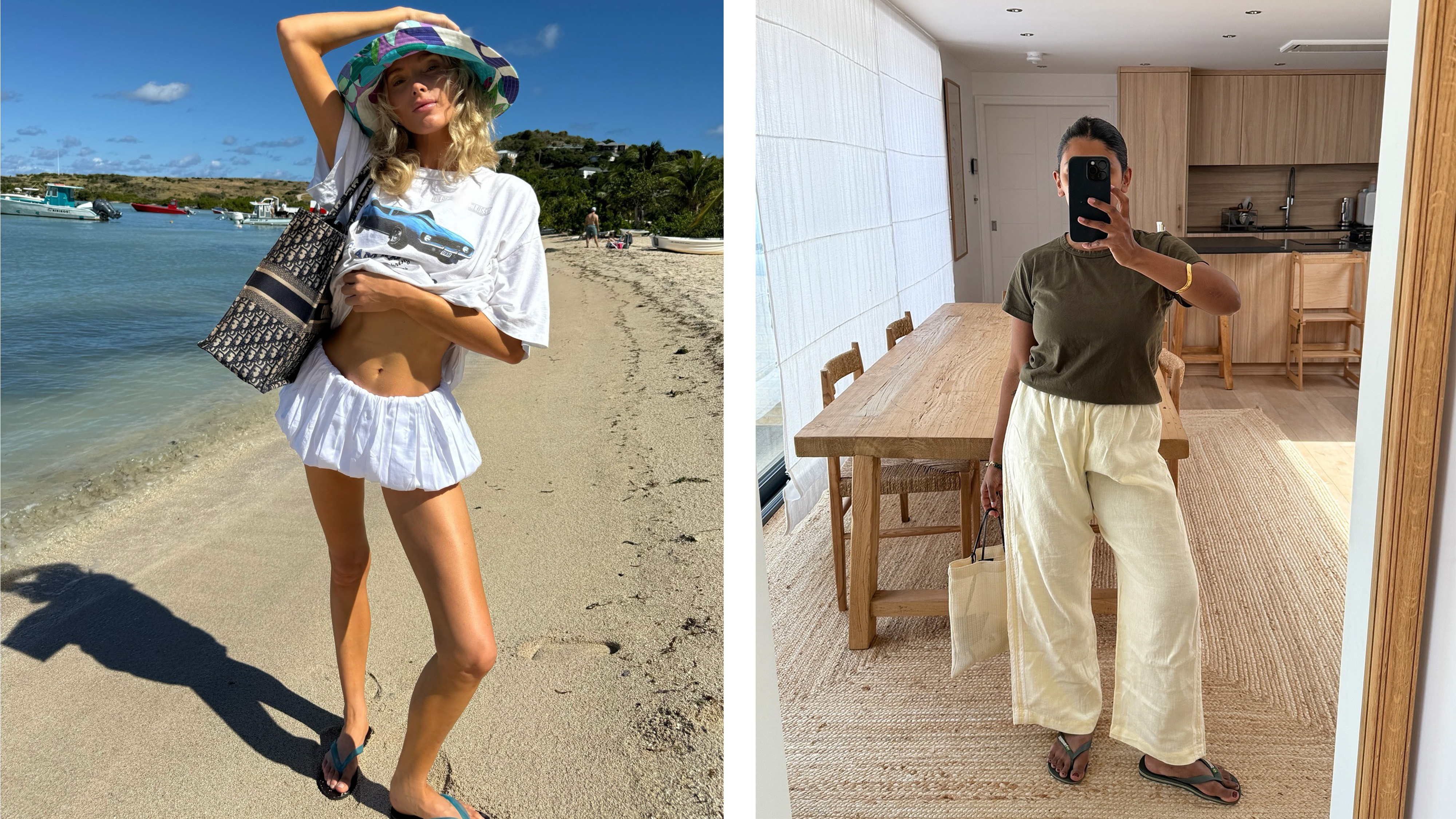 In a collage, Elsa Hosk wears a white t-shirt, white bloomers, and blue flip-flops. Monikh wears a green tee, drawstring pants, and green flip-flops.