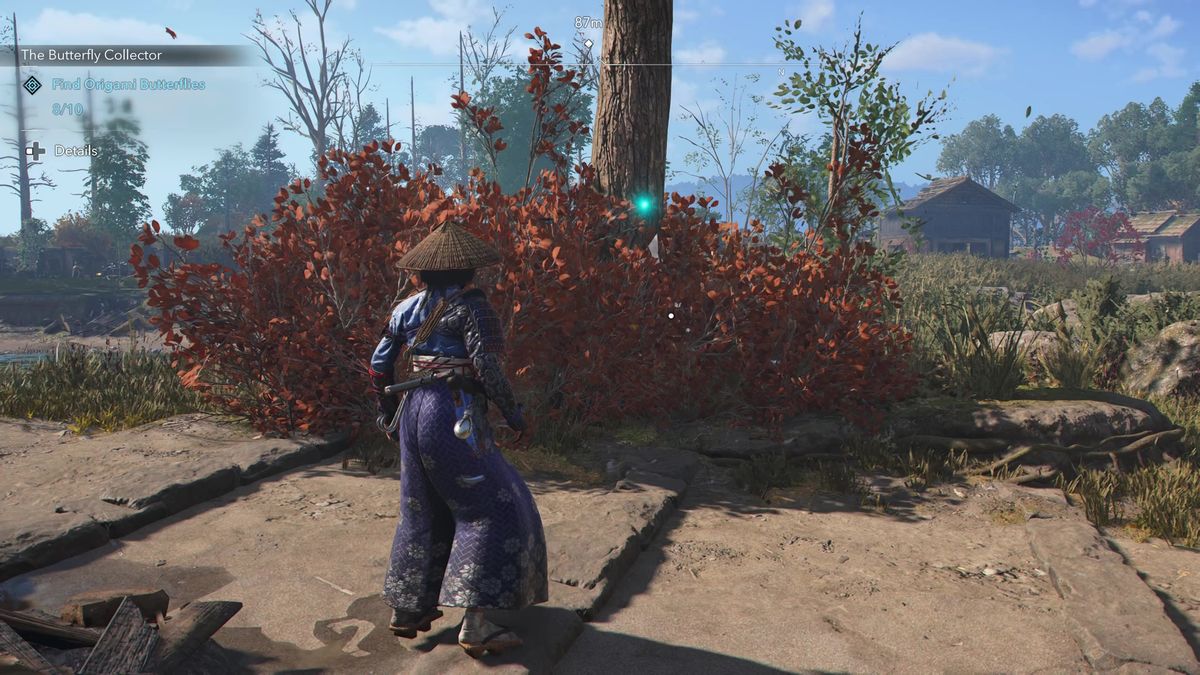 Assassin's Creed Shadows Butterfly Collector locations - The ninth butterfly on a tree hidden in an orange bush next to a river.