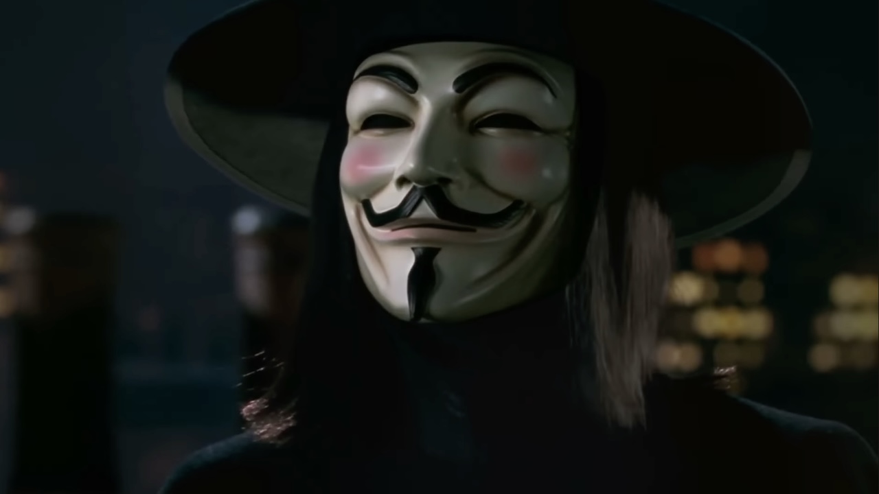 V in full costumed attire right as November 5 starts in V for Vendetta