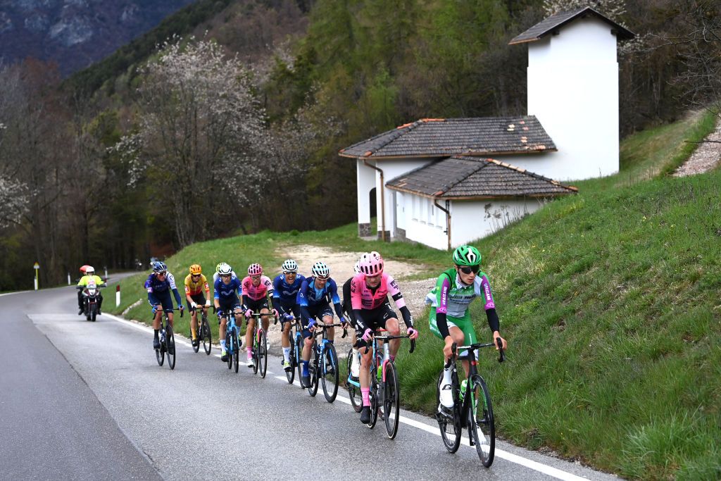 PREDAZZO ITALY APRIL 20 LR Simon Carr of United Kingdom and Team EF EducationEasypost and Giulio Pellizzari of Italy and Green ProjectBardiani CsfFaizan Team lead the breakaway during the 46th Tour of the Alps 2023 Stage 4 a 1529km stage from Rovereto to Predazzo 1023m on April 20 2023 in Predazzo Italy Photo by Tim de WaeleGetty Images