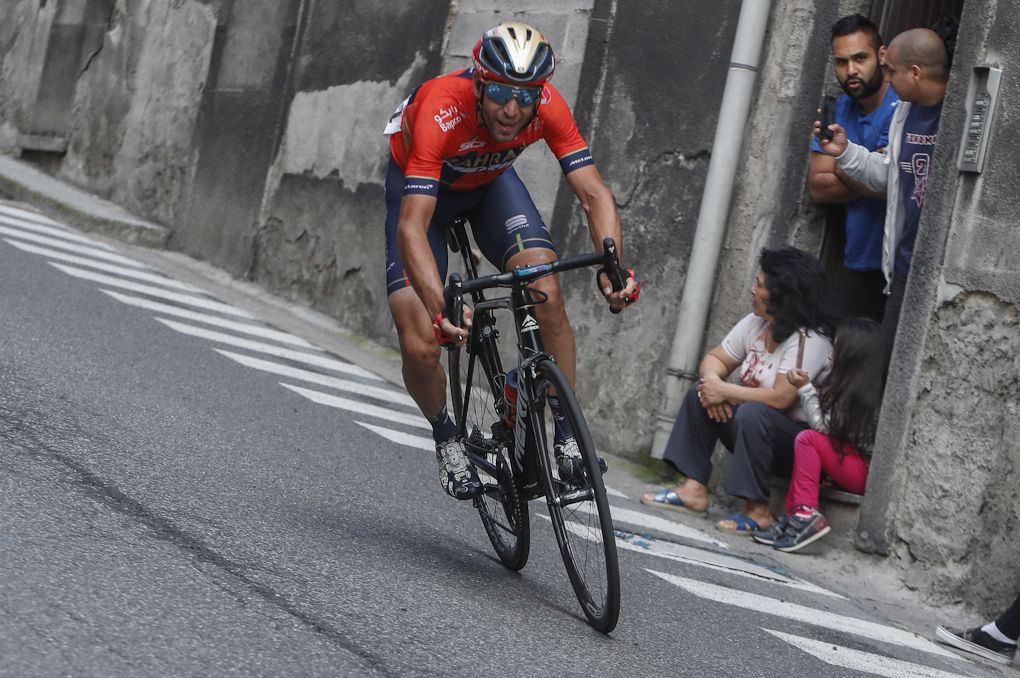 Vincenzo Nibali attacks on a descent near the end of stage 15 at the Giro