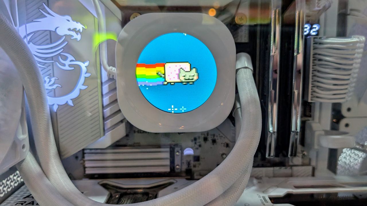 Corsair Nautilus AIO cooler LCD close up showing Nyan cat animation at Computex 2025