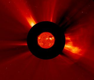This image from the SOHO space observatory shows the M9.3 flare (fairly strong-sized) along with a coronal mass ejection (CME) as it blasted out from the sun and headed in the general direction of Earth (Aug. 4, 2011). The eruption is visible in the lower right.