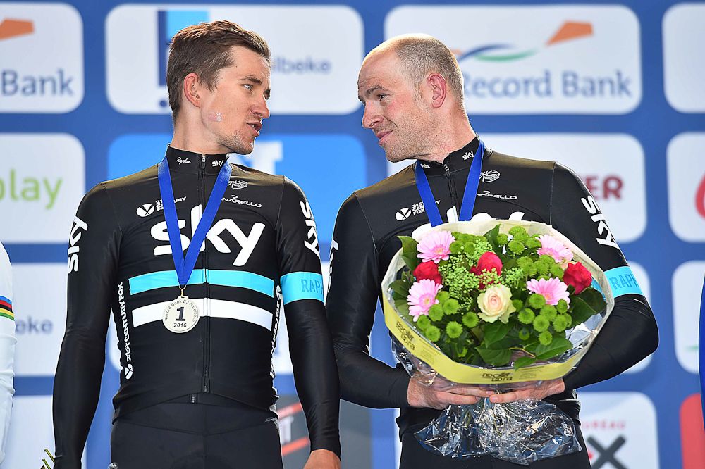 Michal Kwiatkowski and Ian Stannard on the E3 Harelbeke podium