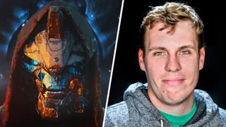 A vertically split image with a damaged Cayde-6 from Destiny 2 on the left, and a headshot of former game director Joe Blackburn on the right.