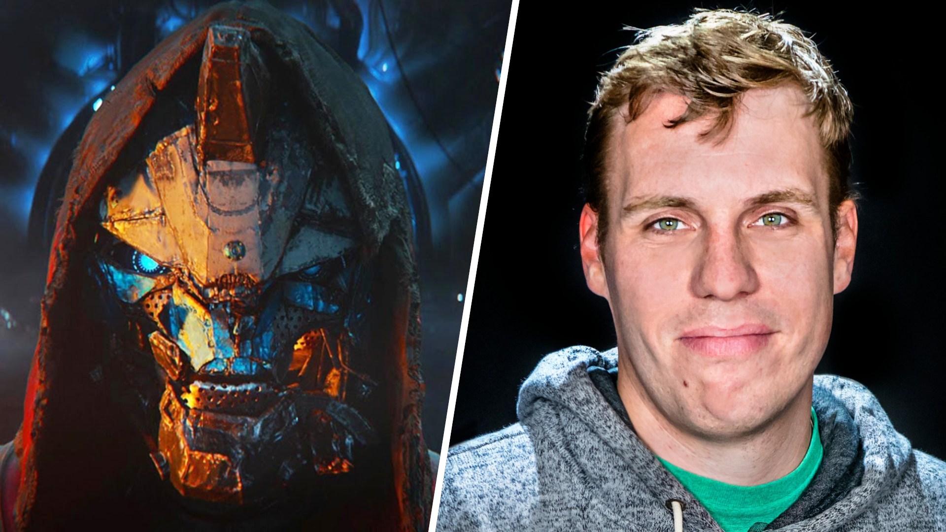 A vertically split image with a damaged Cayde-6 from Destiny 2 on the left, and a headshot of former game director Joe Blackburn on the right.
