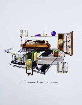 A drawing of an interior showing furniture as imagined by Bruno Moinard