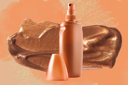 a smear of fake tan next to a fake tan bottle on a collage background