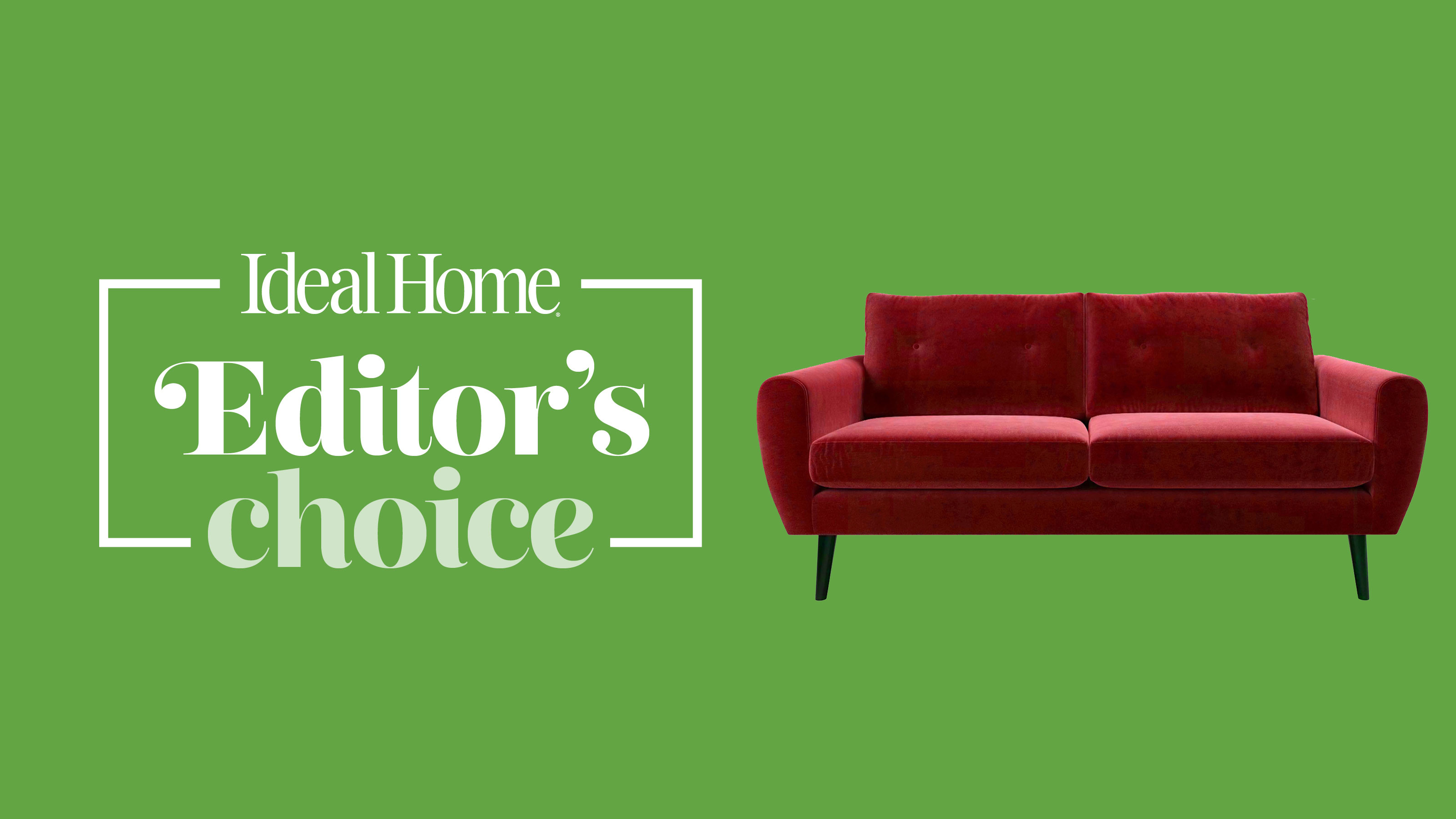 red sofa on a green background Ideal Home logo
