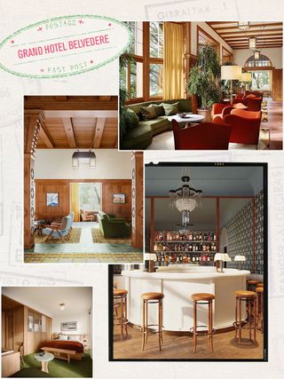 A collage of four images showing the interior of a new hotel in Switzerland, including a round bar with stool seating.