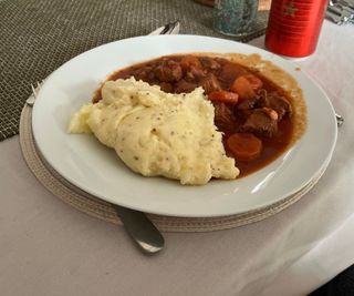 Stew made in the GreenPan Elite 6 Quart Slow Cooker, with a side of mustard mash potatoes