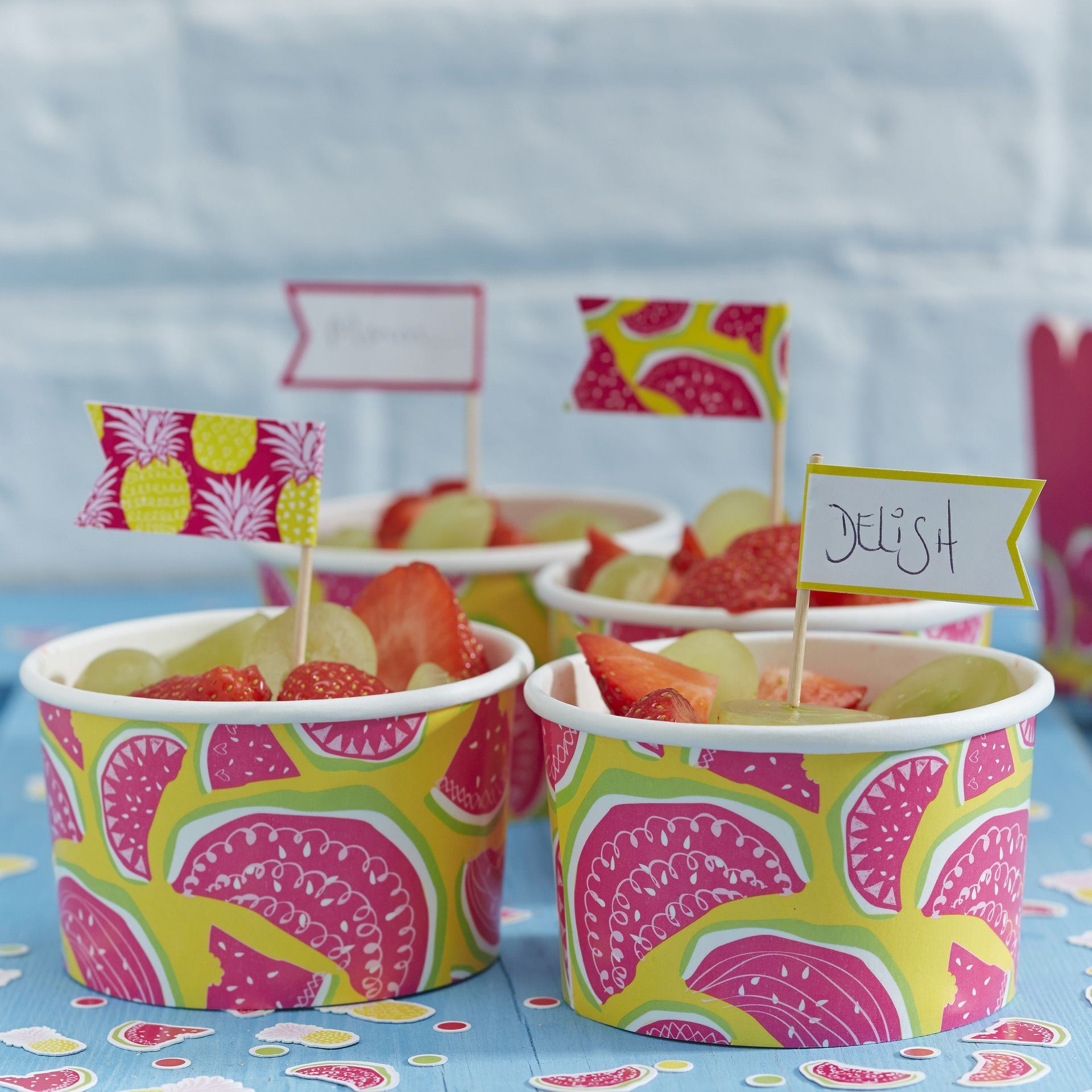 Fruit snacks in water melon print containers