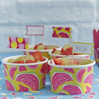 Fruit snacks in water melon print containers