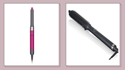 image of the ghd rise hot brush and the Dyson Airwrap, two items in the hot brushes vs hairdryer brushes debate, against a purple background