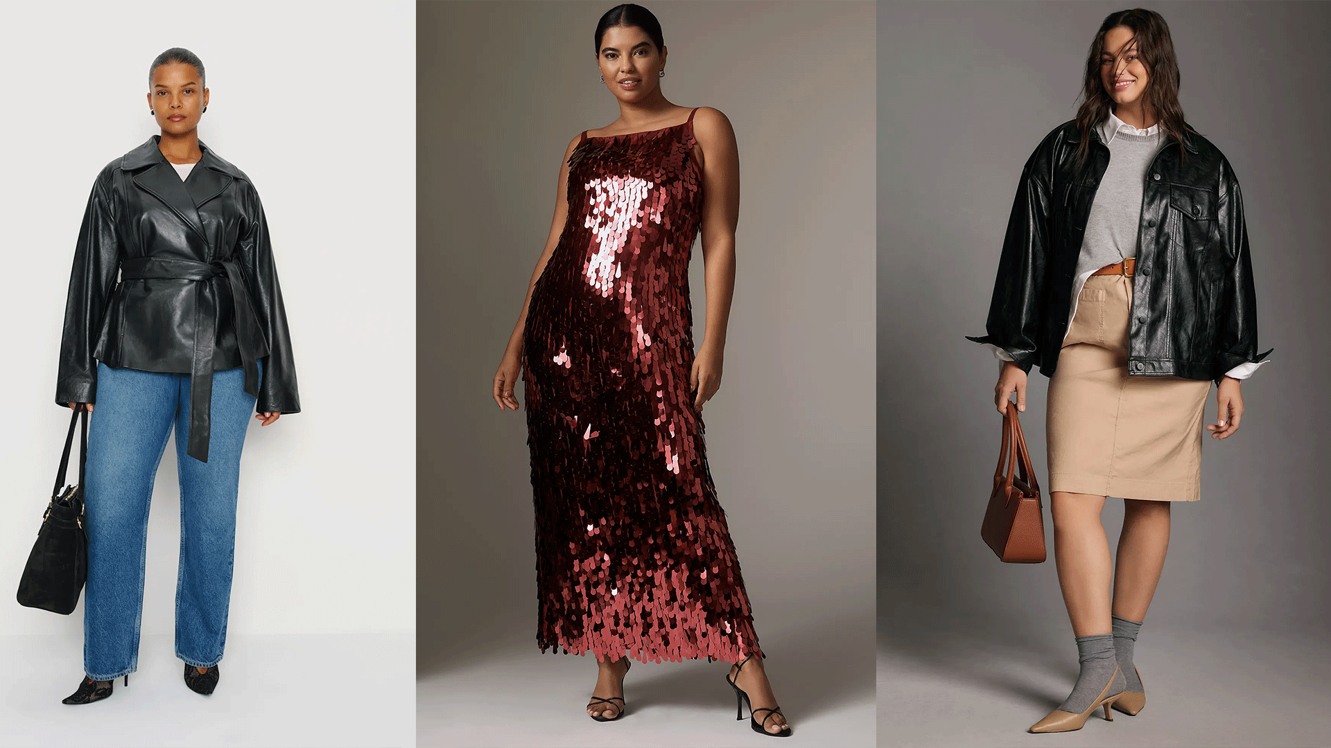 model wears leather cropped trench and jeans, model wears red sequins dress and heels, model wears patent faux leather jacket gray sweater, tan pencil skirt and tan heels