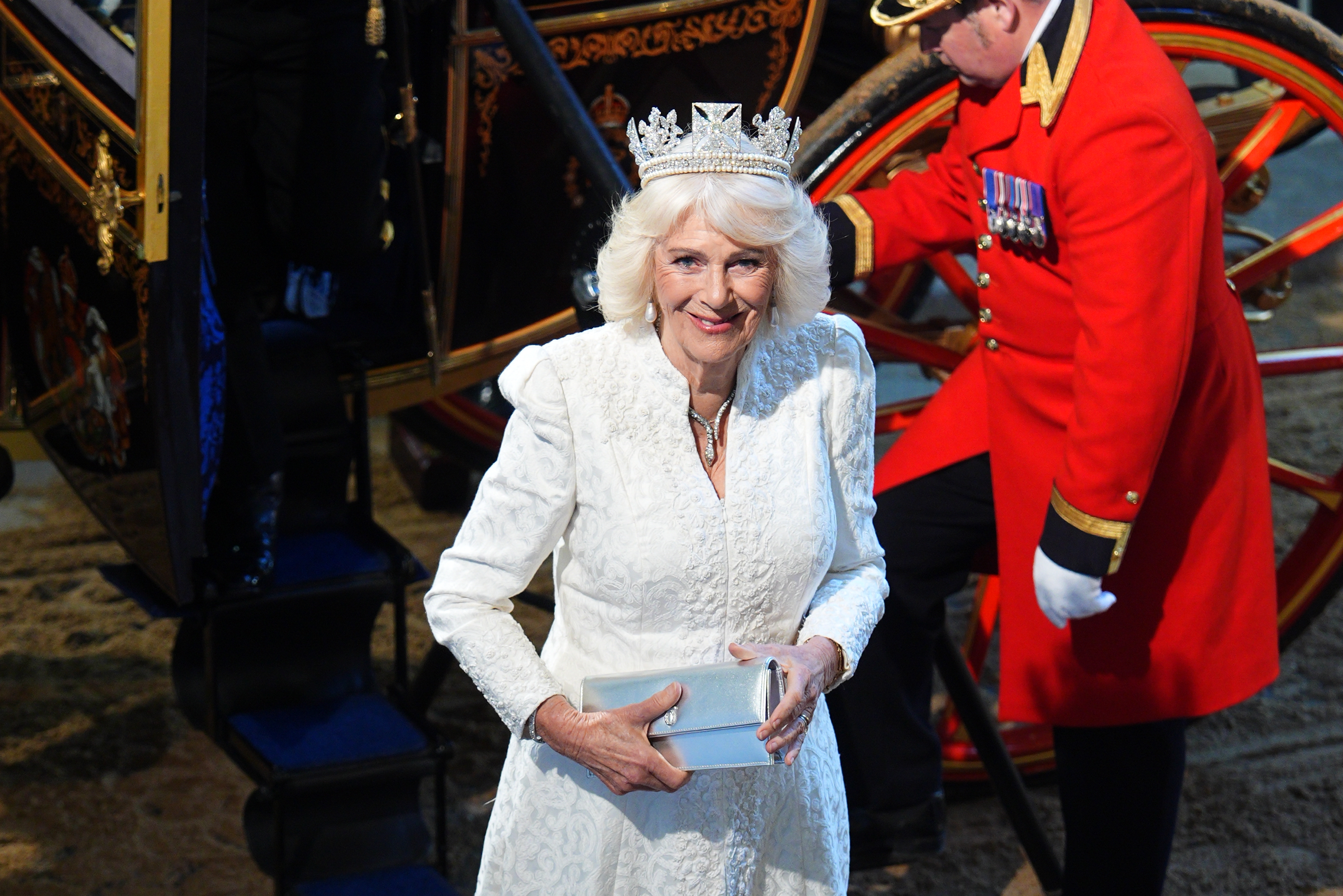 LONDON, ENGLAND - MAY 13: Queen Camilla arrives at the State Opening of Parliament at the Houses of Parliament on May 13, 2026 in London, England. (Photo by Aaron Chown - WPA Pool/Getty Images)